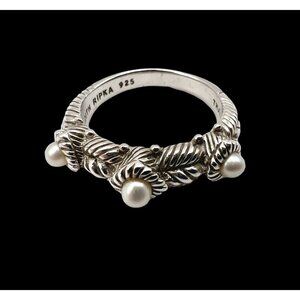 Vintage Judith Ripka Sterling Silver Cable 3 Pearl Station Ring, Size 9